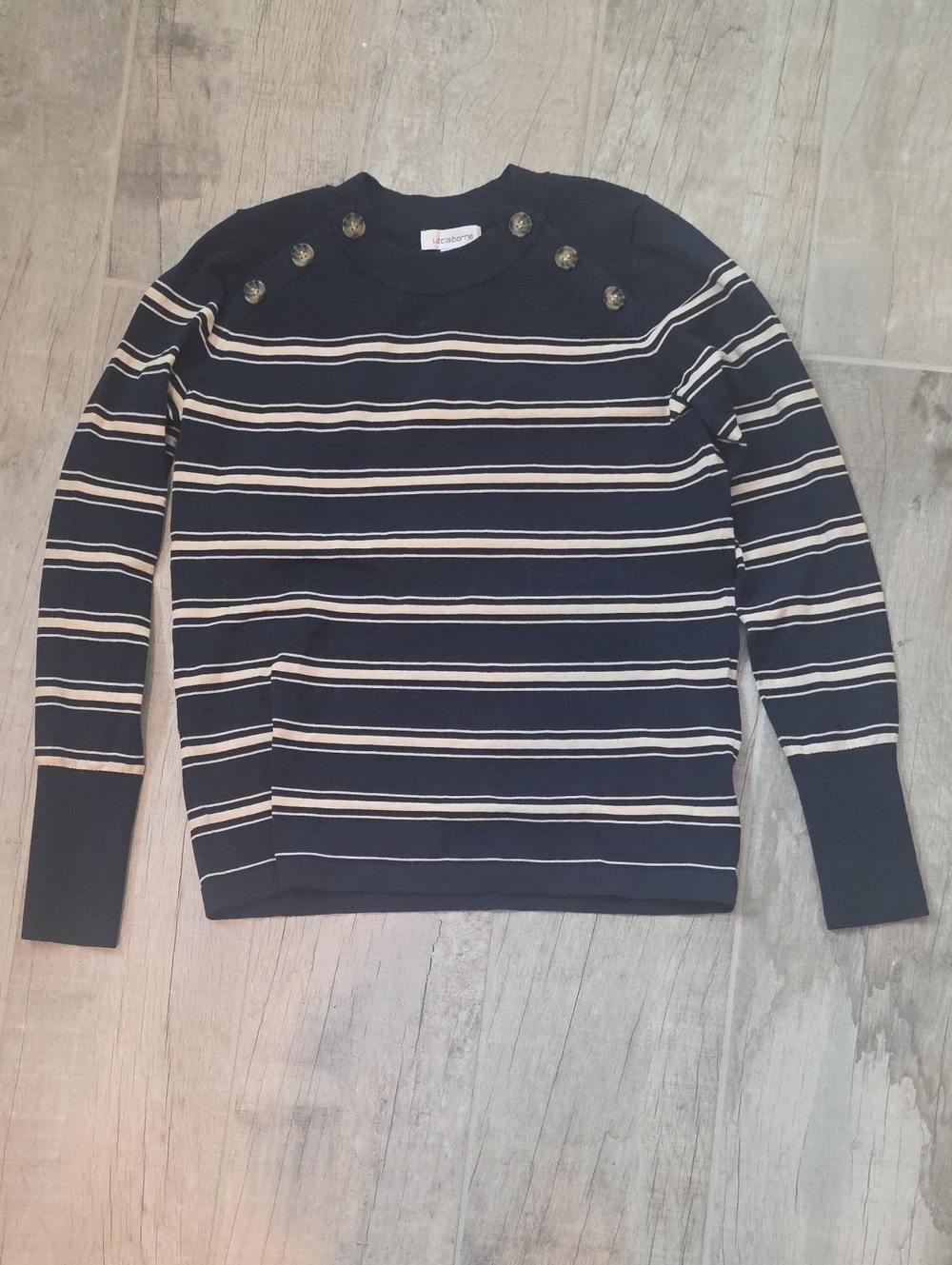 Liz Claiborne Navy and Cream Striped Crewneck Sweater with Shoulder Buttons